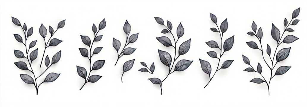 six minimalist hand-drawn botanical sprigs with delicate leaves and thin stems on a white background, calm and elegant