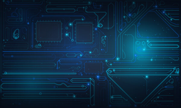 Abstract circuit board technology background, dark navy with cyan glowing traces and nodes, high detail PCB pattern, futuristic digital wallpaper 2