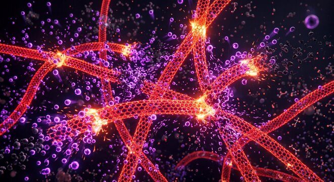 Carbon nanotubes structure with glowing atomic bonds and purple particles represents molecular engineering in nanotechnology laboratory.