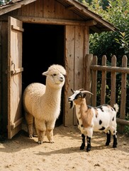 Naklejka premium Fluffy alpaca and spotted goat stand near wooden shed. Domestic farm animals live together in rural countryside barnyard. Cute pets outdoor on sunny day.