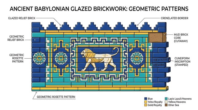 Ancient Babylon brick wall with glazed decorative tiles, close-up infographic vector, geometric pattern, isolated