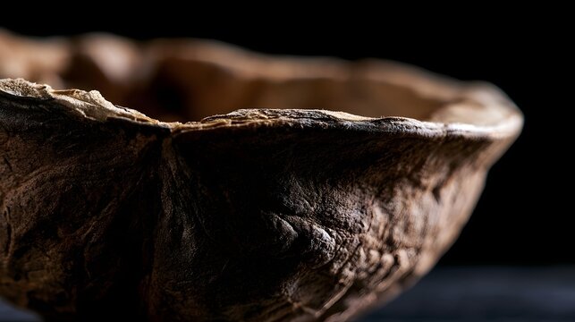 Close up of a textured walnut shell under dramatic lighting  showcasing natural ridges and earthy tones against dark background