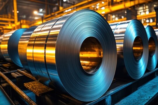 Gleaming rolled steel coils stacked in a factory with warm and cool lighting conveying precision and industrial strength