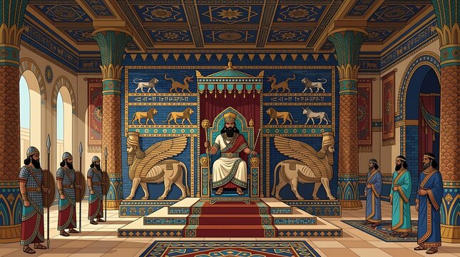 Ancient Babylon royal throne room, elegant flat vector illustration