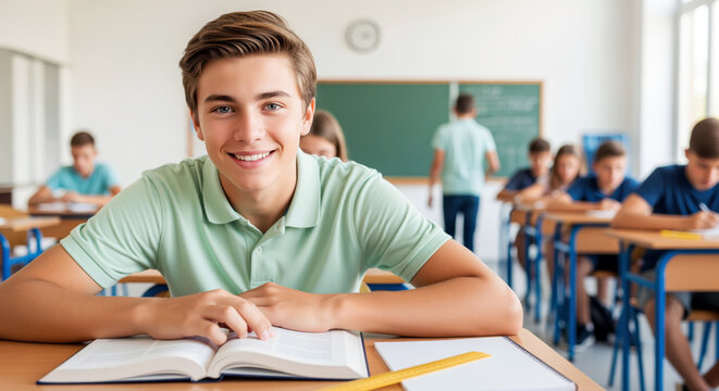 Motivated school student preparing for exams represents secondary education, online learning, programming and business courses with university admission goals and several popular career paths