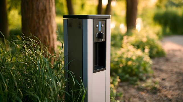 Modern water dispenser stands outdoors near tall grass and trees under warm sunlight for public hyd n access