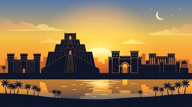 Babylon skyline silhouette, golden sunset, clean vector illustration, modern minimal style