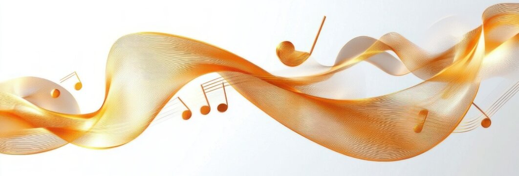 golden translucent ribbon waves with floating musical notes on white background conveying graceful uplifting musical flow