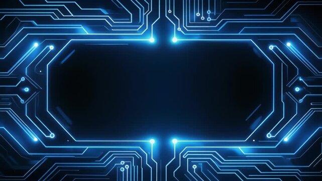 Glowing Blue Circuit Board Border Frame Background with Futuristic Microchip Lines and Central Copy Space for Cyber Security