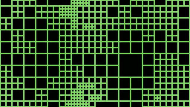 Green square pattern, animated random grid on black background, seamless moving square texture animation