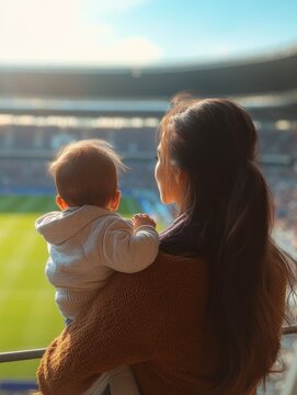 Mother holding baby over stadium railing, watching sunlit green pitch from the stands with tender, hopeful and peaceful bonding moment