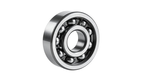 A precision-engineered ball bearing with a polished chrome outer ring, visible steel balls inside the raceway catching sharp reflective highlights, isolated on transparent background