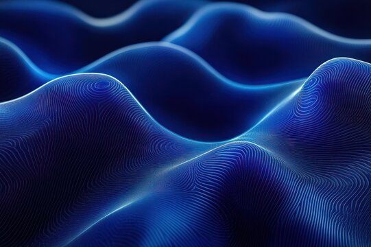 sinuous blue waves with glowing contour lines and smooth ridges, a serene futuristic abstract landscape