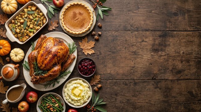 Thanksgiving roasted turkey dinner with fresh herbs and seasonal