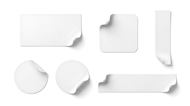 Set of white blank adhesive stickers and labels with peeled corners mockup adhesive template isolated rectangle branding collection business commercial promotion discount stationery