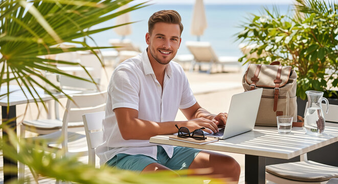 Remote travel at a seaside cafe with smiling male traveler using laptop beside backpack and water pitcher, combining tropical vacation planning with flexible online work and coastal escape