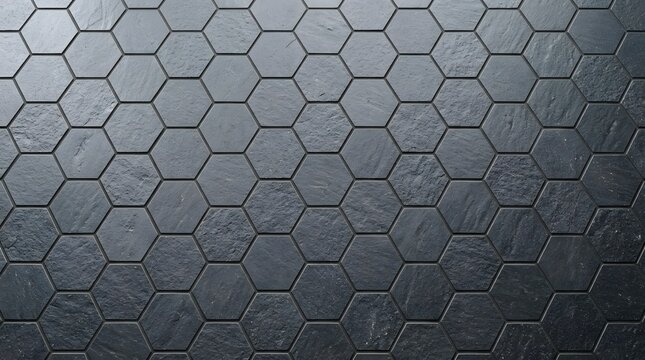 black hexagonal slate tiles background texture with geometric honeycomb pattern on interior stone floor and wall architecture design element