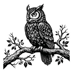 Obraz premium Vintage woodcut owl illustration, black and white bird on tree branch vector, rustic linocut owl art for nature branding