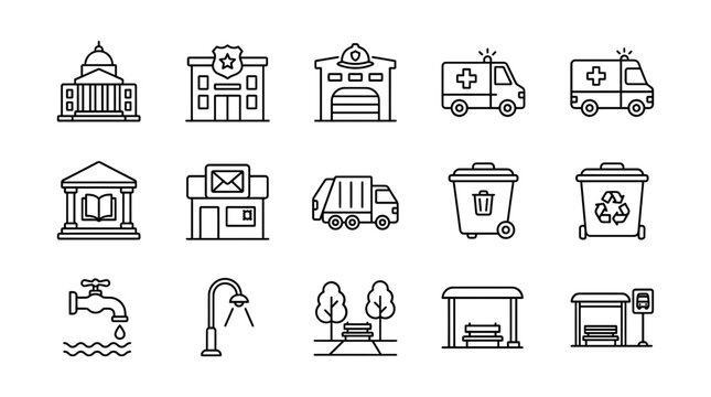 Public Services and Community Infrastructure Outline Icons for Apps, Websites, Presentations, Branding and Civic Design