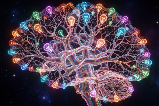 Colorful neural network forms human brain shape filled with glowing light bulbs. Abstract mind connection concept with nebulae in deep space. Futuristic ideas light up neurons.