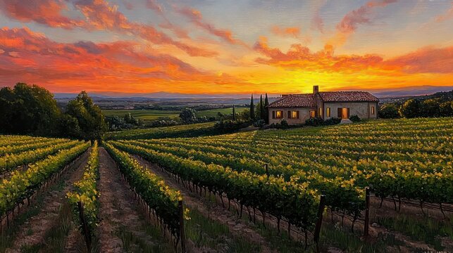 Idyllic sunset over rolling vineyard rows with a rustic farmhouse, glowing windows, cypress trees and a warm tranquil countryside sky