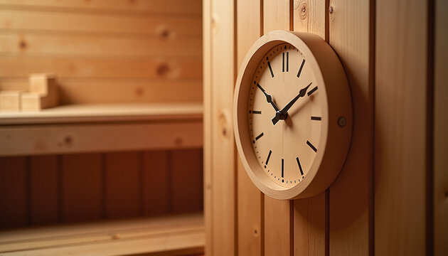 wooden clock mounted on a wall in a sauna showing the time with warm wood textures and relaxing atmosphere for wellness concepts