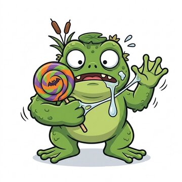  Cute cartoon swamp monster with sticky Halloween lollipop illustration