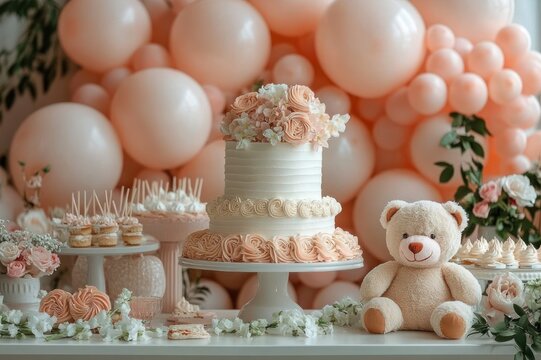 two-tier floral cake with buttercream rosettes, cupcakes, cake pops and cookies on a decorated dessert table with pastel peach balloons and a plush teddy bear, charming celebratory mood
