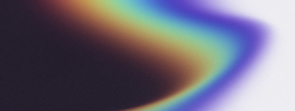 Abstract Grainy Gradient Background Displaying Vibrant Prism Spectrum Colors in Purple, Blue, Green, and Orange Over Dark and Light Contrast with Heavy Noise Texture