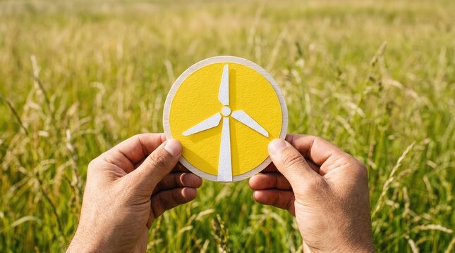 Renewable energy, wind power, sustainability concept with hands holding turbine icon in green field.