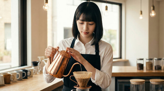 カフェのカウンターで銅製のポットでハンドドリップする女性店員