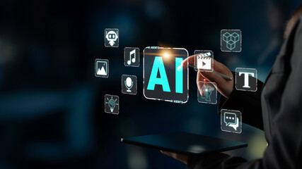 Obraz premium Hands Interacting with AI Technology Interface, Futuristic Digital Overlays, Creative Concepts in Artificial Intelligence and Data Visualization Quark.