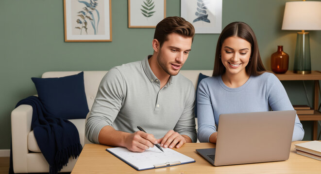 Shared household calendar with smiling couple coordinating appointments on laptop and paper planner at home, weekly schedule setup for family routines, personal goals and upcoming events