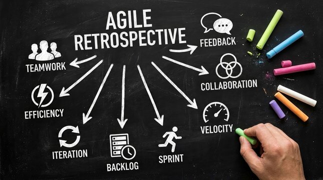 Agile retrospective, scrum teamwork, project management concept with arrows and chalkboard planning notes.
