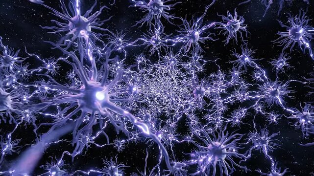Detailed 3D animation of a complex neural network with glowing purple neurons firing electrical impulses in a dark digital space.
