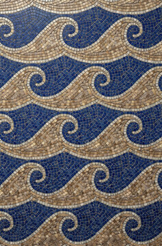 Luxury Blue and Gold Wave Mosaic Pattern, Classic Mediterranean Style Ocean Sea Tile Background for Elegant Interior Design and Decorative Wall Backdrop Illustration