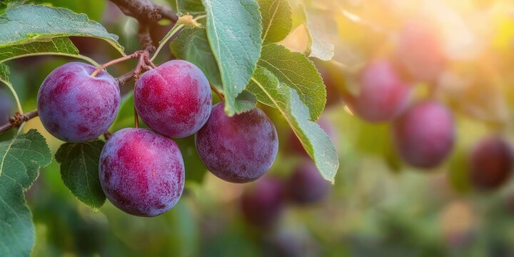 Sunlit ripe plums clustered on a leafy branch, evoking abundance and summer warmth