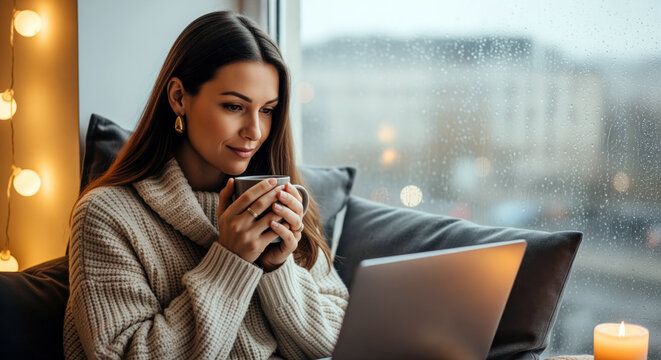 Thoughtful woman balancing remote work and online learning represents freelance writing SEO personal development psychology and wellbeing within a flexible home based professional routine