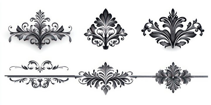 six ornamental floral flourishes and horizontal dividers in black and gray on white background, elegant vintage decorative motifs