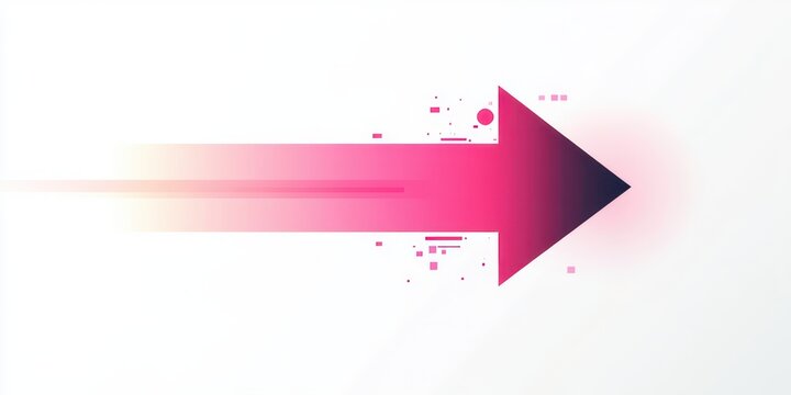 pink and purple gradient right-pointing arrow on white background with motion streaks, pixel accents and soft glow conveying dynamic forward momentum and energetic progress
