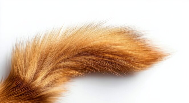 close-up of a fluffy reddish-orange bushy animal tail on white background, soft warm texture evoking playfulness and coziness