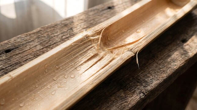 Split bamboo stalk with water drops resting on a rustic wooden surface representing nature and craftsmanship