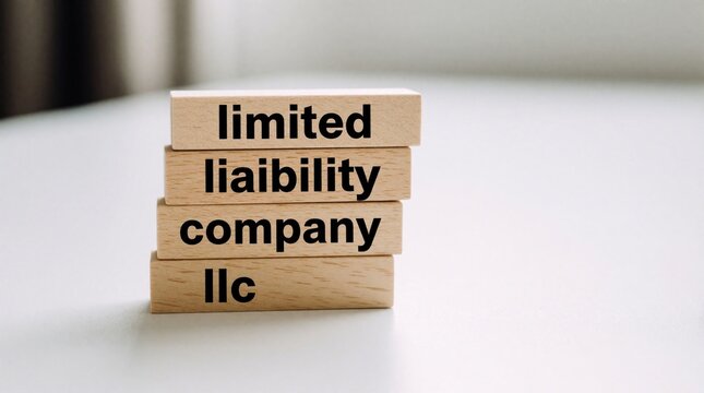 Wooden blocks spell out limited liability company LLC. Concept shows business structure formation legal protection and corporate entity setup with minimal background.