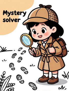 Cute little girl detective investigates mystery with magnifying glass. Kid investigator wears trench coat, hat following footprints on ground. Cartoon character searches for clues in outdoor