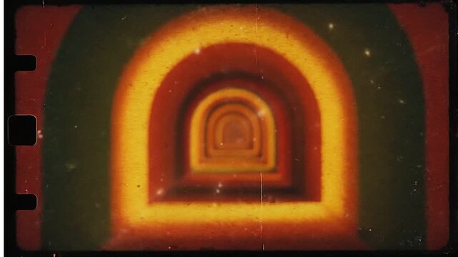 Vintage 8mm film effect featuring an infinite zoom through a psychedelic tunnel of colorful glowing arches with heavy grain and scratches.
