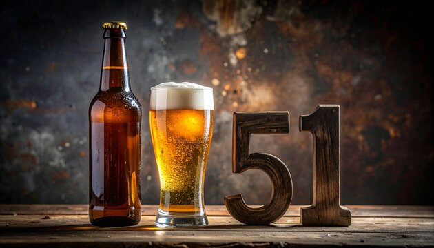 Rustic Beer Bottle and Glass with Number 51 &ndash; Birthday and Anniversary Celebration