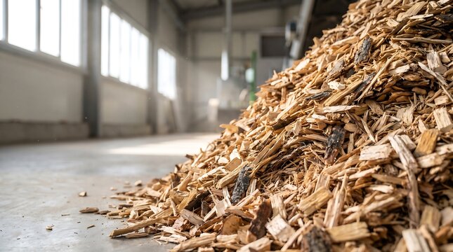 A large pile of wood chips and biomass material inside an industrial warehouse facility ready for processing