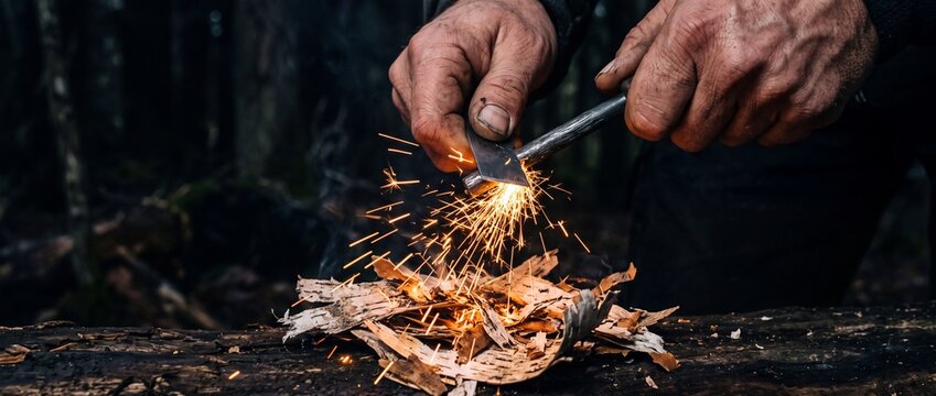A close up view of a man's hands starting a campfire in a forest, creating bright sparks with a fire starter tool and tinder