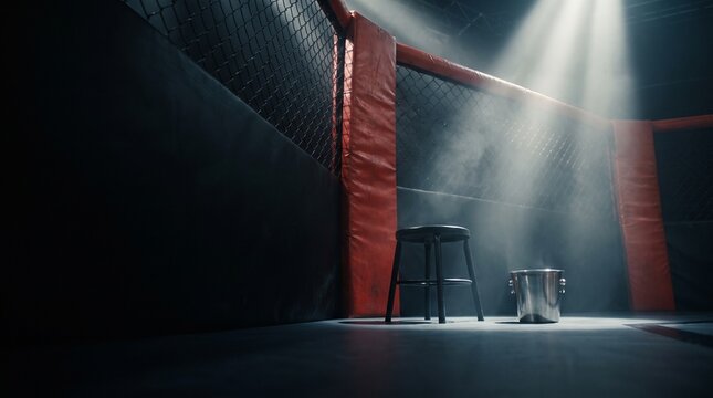 Empty MMA cage corner with stool and bucket under a dramatic spotlight, ready for a fight.