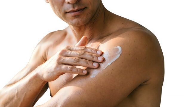 Man applying sunscreen on shoulder at the beach isolated on transparent background